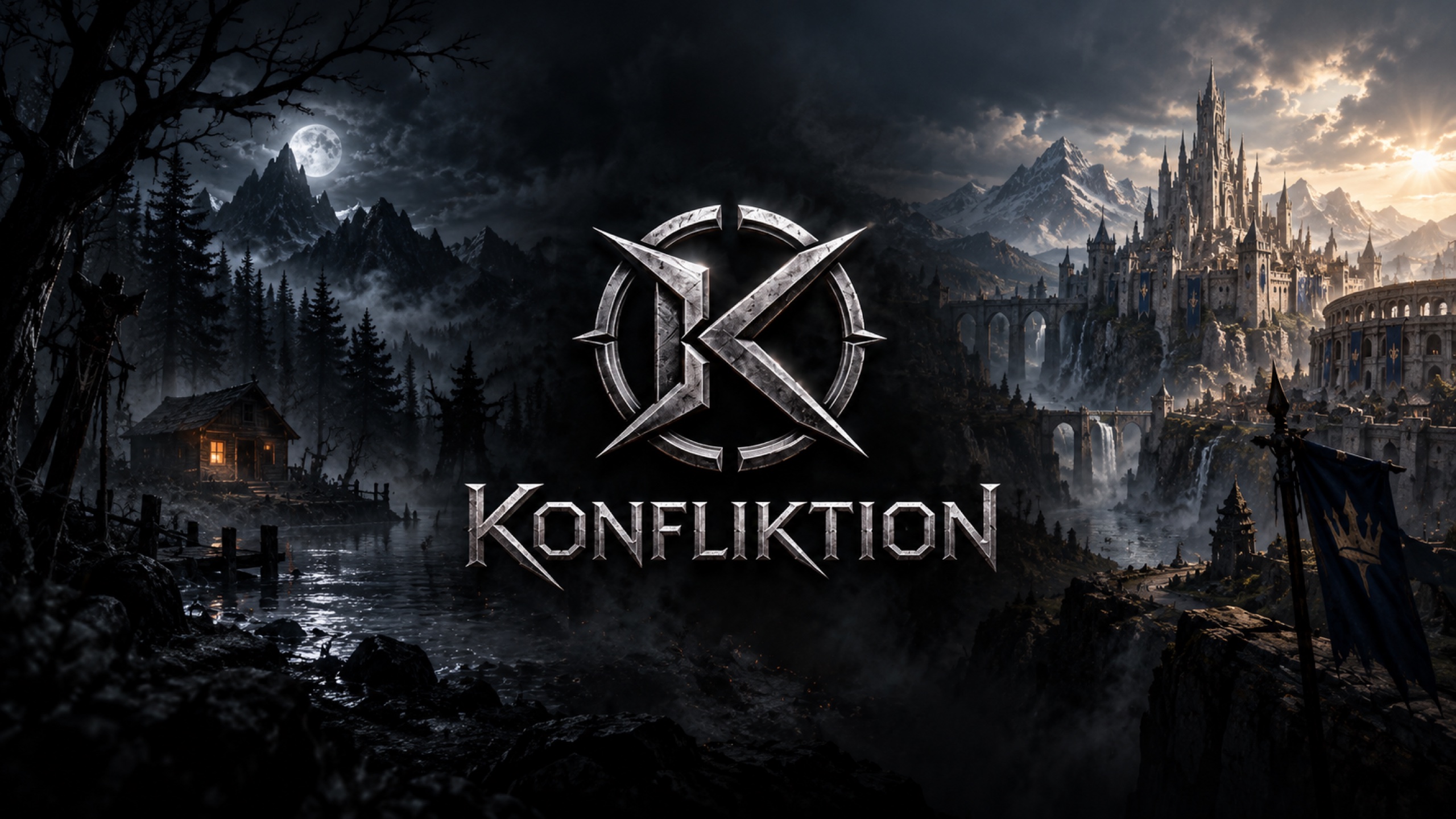 KonfliKtion banner: Moonblood Mountain's moonlit forest and cabin beside Runecrown Rising's sunlit castle, with the KonfliKtion emblem and name between them
