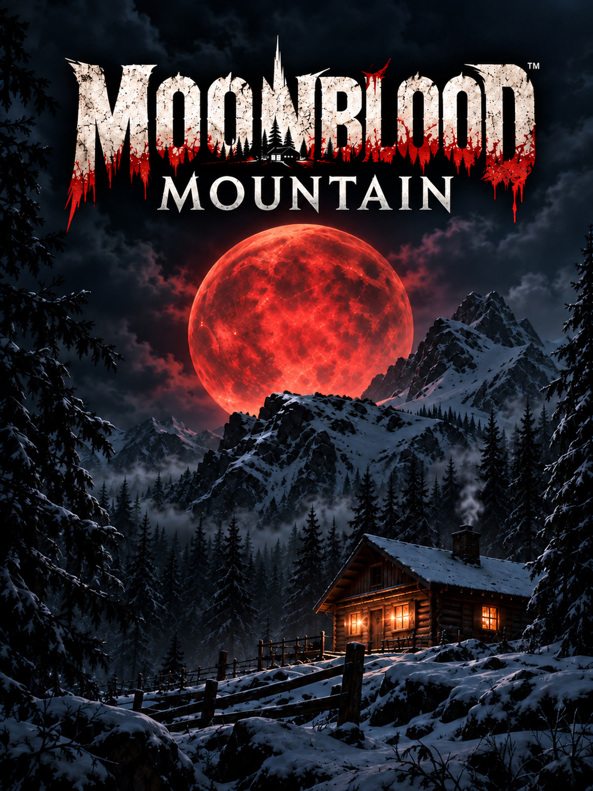 Moonblood Mountain approved key art: a red moon above the snowy mountain and warmly lit cabin